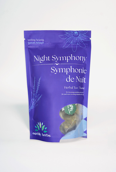 Night Symphony organic sleep tea — chamomile, lavender and valerian root blend by Earthly Herbs, 24 pyramid sachets