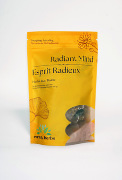 Radiant Mind caffeine-free focus tea — gotu kola, ginkgo biloba and ashwagandha blend by Earthly Herbs, 24 pyramid sachets